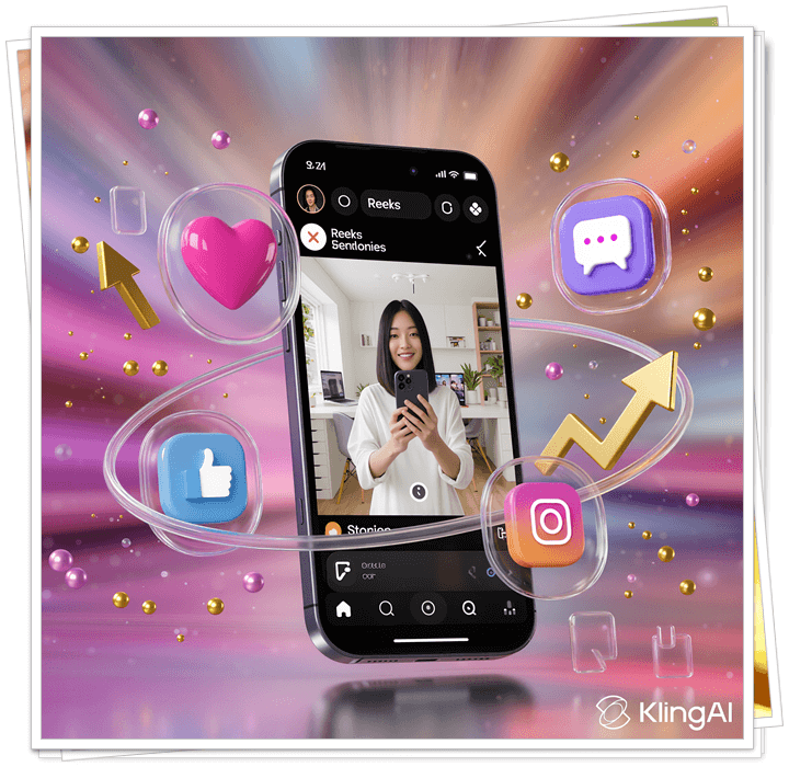 A vibrant Reel-style image showing a smartphone screen with the Instagram Reels and Stories interface. The screen displays a digital creator recording content in a modern home office, surrounded by floating social icons like hearts, comments, and analytics arrows. The background glows with Instagram’s gradient colors — pink, orange, and purple — symbolizing creativity, engagement, and growth on Instagram Reels and Stories in 2025.