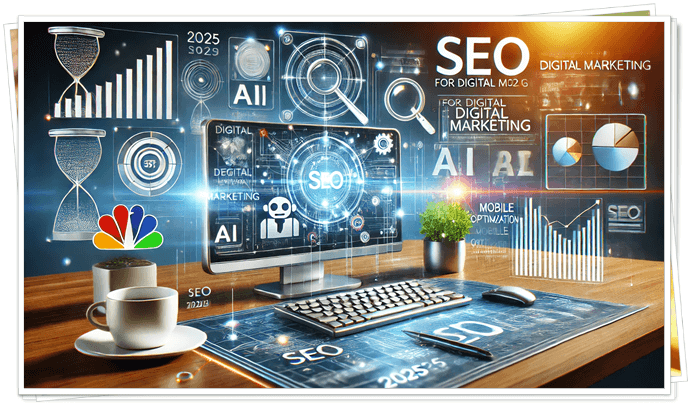 Featured image for an article on SEO for digital marketing in 2025, showcasing a sleek digital workspace with SEO tools on a computer screen, highlighting mobile optimization, AI-driven content creation, and search engine analytics. The image represents innovation and future trends in SEO with bright colors like blue, orange, and white.