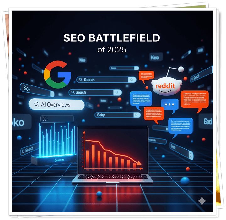 SEO in 2025 battle: Google AI Overviews vs Reddit threads with traffic graph and laptop in a digital tech scene.