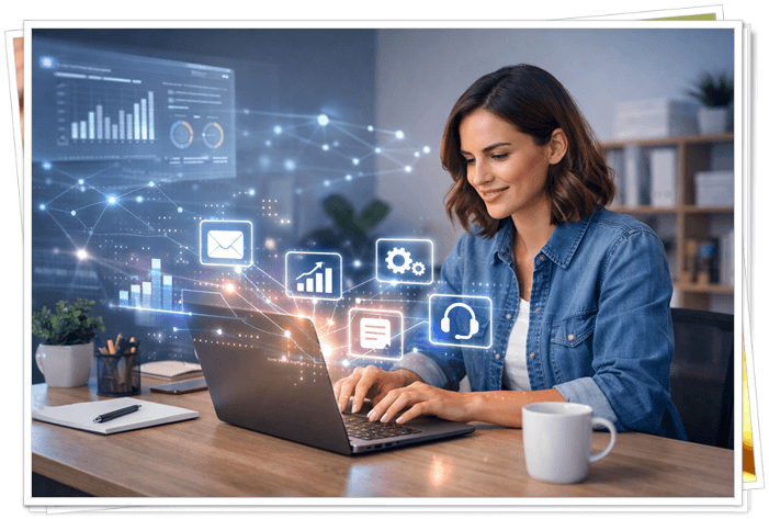 AI technology powering an online business in 2026, showing a digital entrepreneur using AI tools for content, automation, and growth