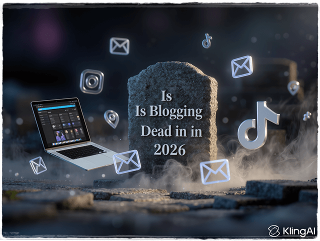 Is blogging dead in 2026 feature image with gravestone, laptop, email marketing, and social media icons.