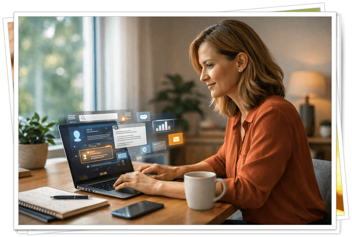 Modern home office scene illustrating Blogging in the Age of AI with female entrepreneur working on laptop and AI interface elements representing digital visibility and generative search strategy