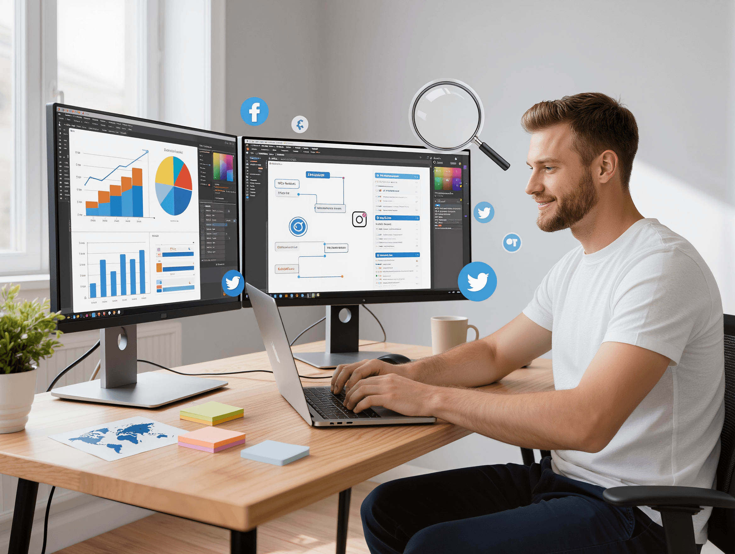 AI Content Marketing in 2026 workspace with AI tools, blogging dashboard, SEO analytics, and email marketing system