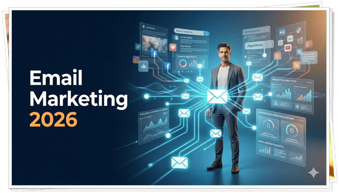 Future of Email Marketing 2026 featuring AI-driven personalization, email automation, audience ownership, customer engagement, segmentation, predictive analytics, and sustainable online business growth.