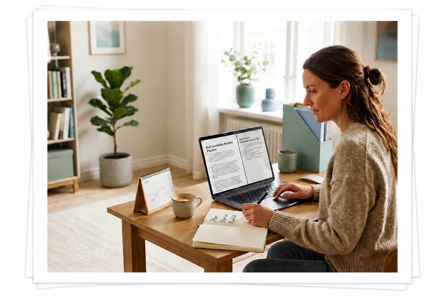 article draft beside a notebook and editorial calendar at a home-office desk. She thinks of AI for online business for 2026.